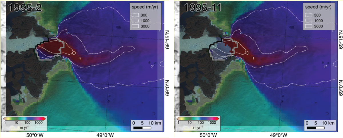 Simulated ice extent and velocity in April (left) and November (right) of 1995.